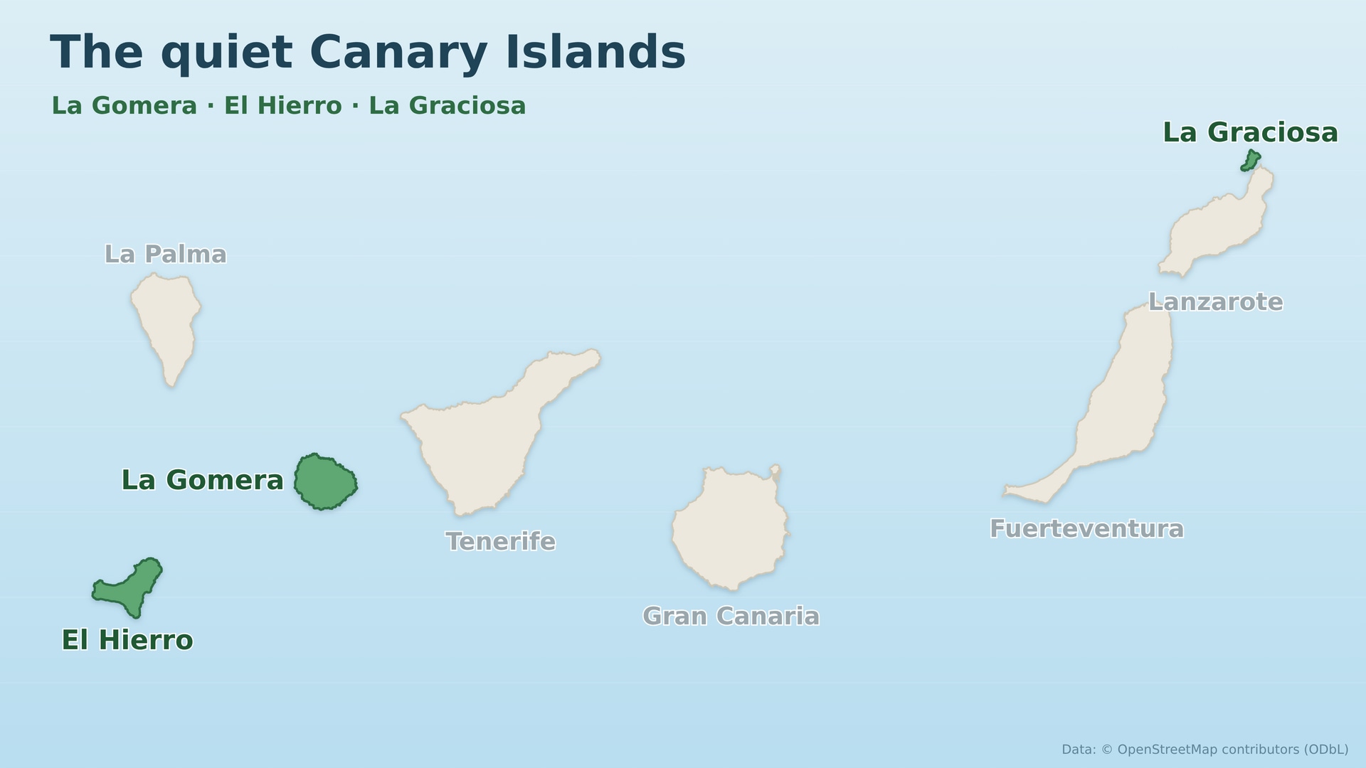 Map of the Canary Islands with La Gomera, El Hierro and La Graciosa highlighted in green