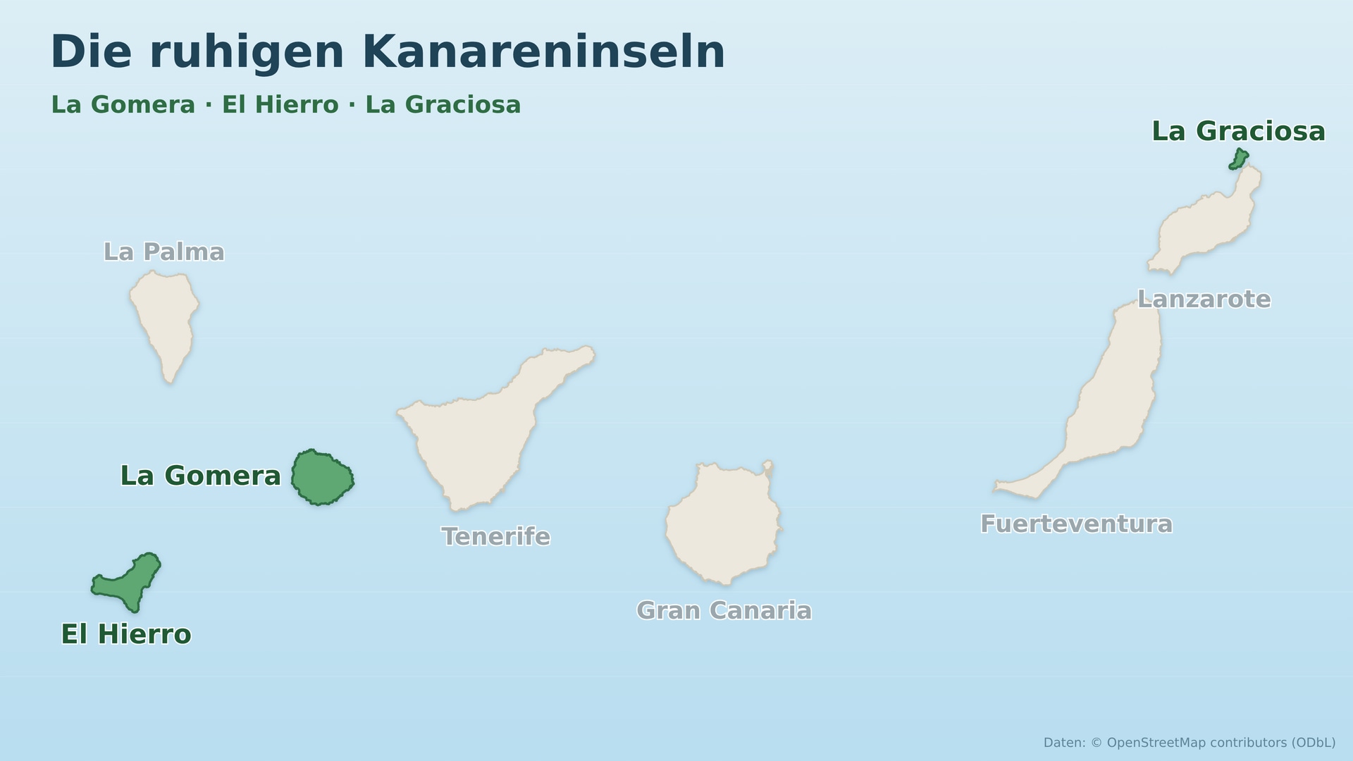 Karte der Kanaren mit La Gomera, El Hierro und La Graciosa grün hervorgehoben