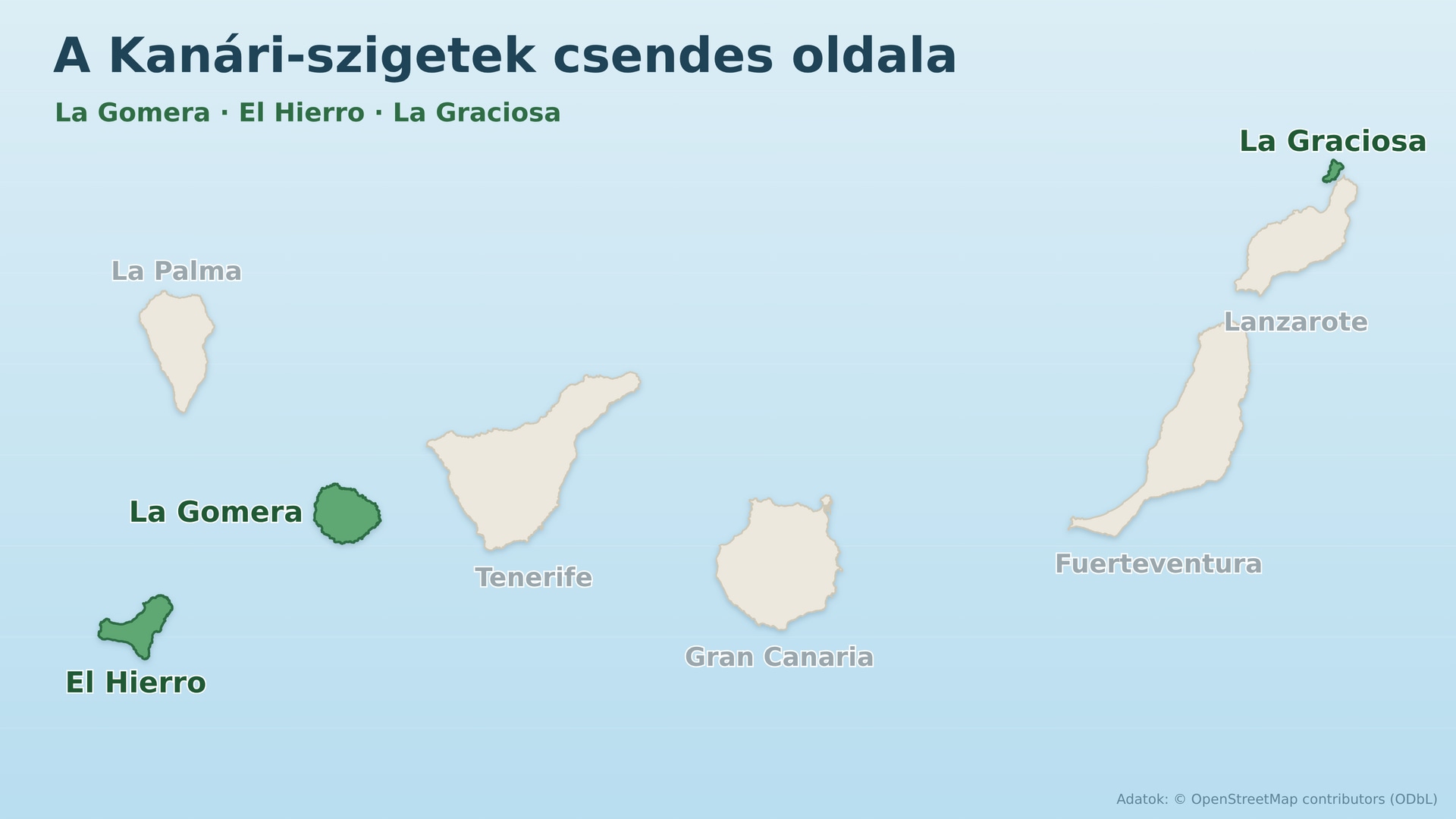 A Kanári-szigetek térképe, rajta zölddel kiemelve La Gomera, El Hierro és La Graciosa