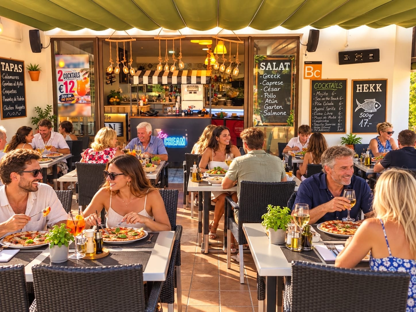 Terraza del Restaurante El Tucán con clientes comiendo pizza