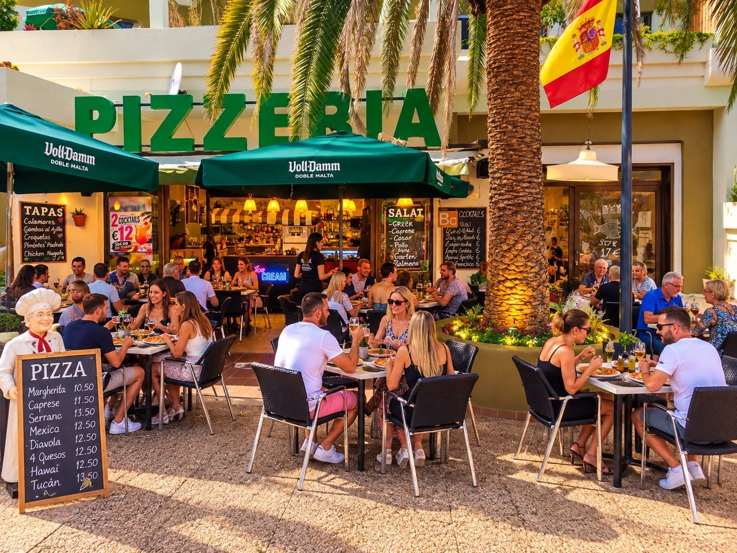Fachada de la Pizzería El Tucán con terraza bajo las palmeras
