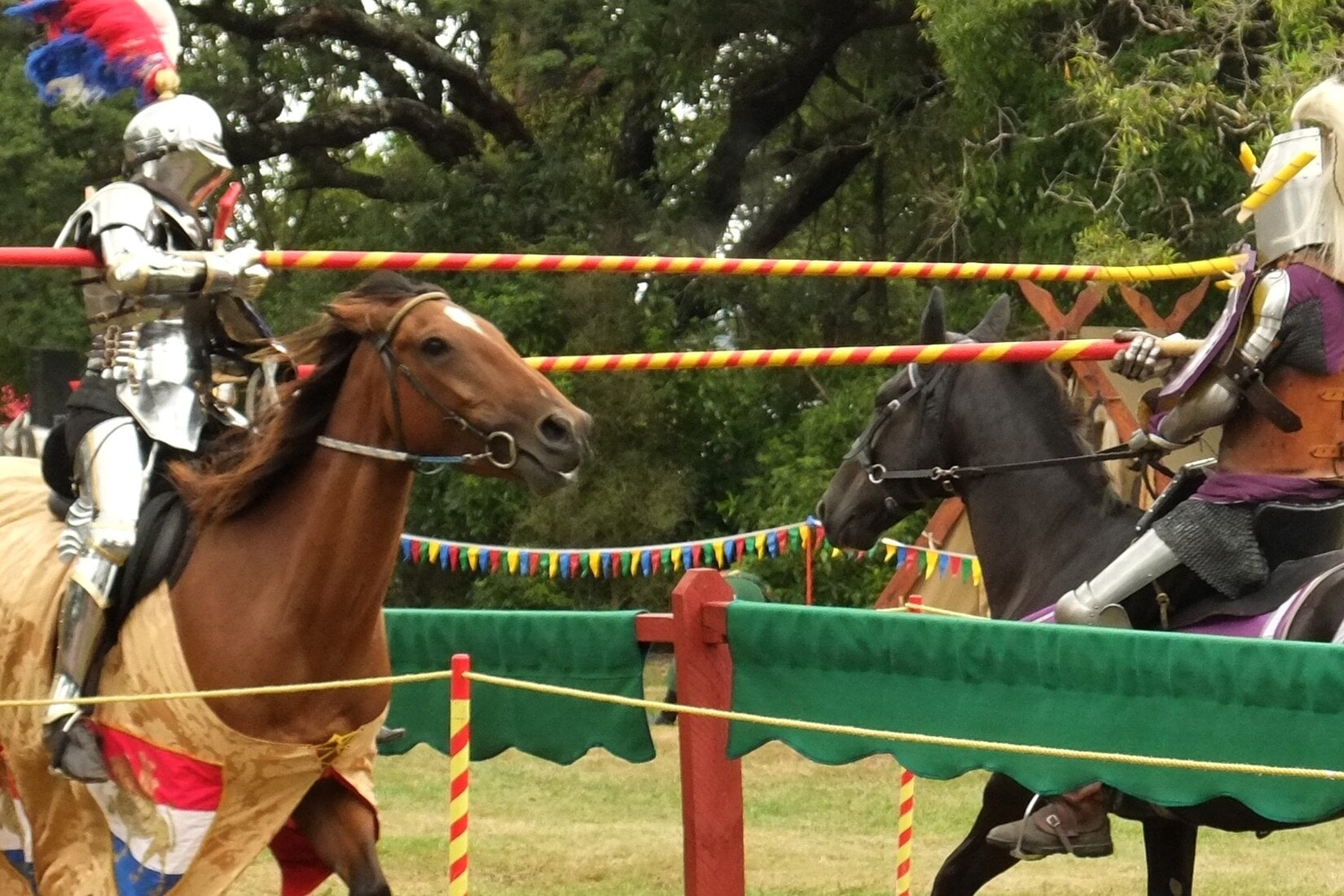 Dos caballeros con armadura en una justa medieval a caballo