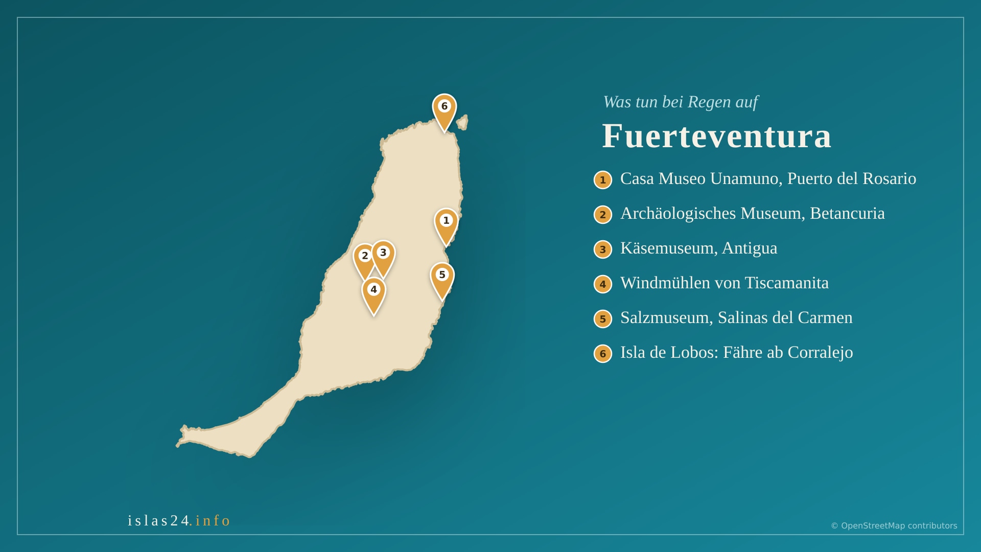 Karte von Fuerteventura und der Isla de Lobos mit sechs Plänen für einen Regen- oder Windtag: die Casa Museo Unamuno in Puerto del Rosario, das Archäologische Museum in Betancuria, das Käsemuseum in Antigua, die Windmühlen von Tiscamanita, das Salzmuseum und die Fähre von Corralejo nach Lobos