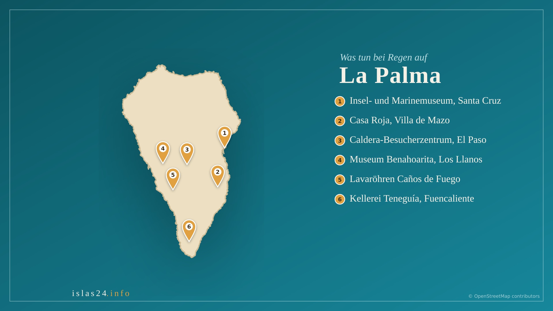 Karte von La Palma mit sechs Plänen für einen Regentag: das Museo Insular und das Marinemuseum in Santa Cruz de La Palma, die Casa Roja in Villa de Mazo, das Besucherzentrum der Caldera de Taburiente in El Paso, das Archäologische Museum Benahoarita in Los Llanos de Aridane, das Zentrum Caños de Fuego in Las Manchas und Bodegas Teneguía in Fuencaliente